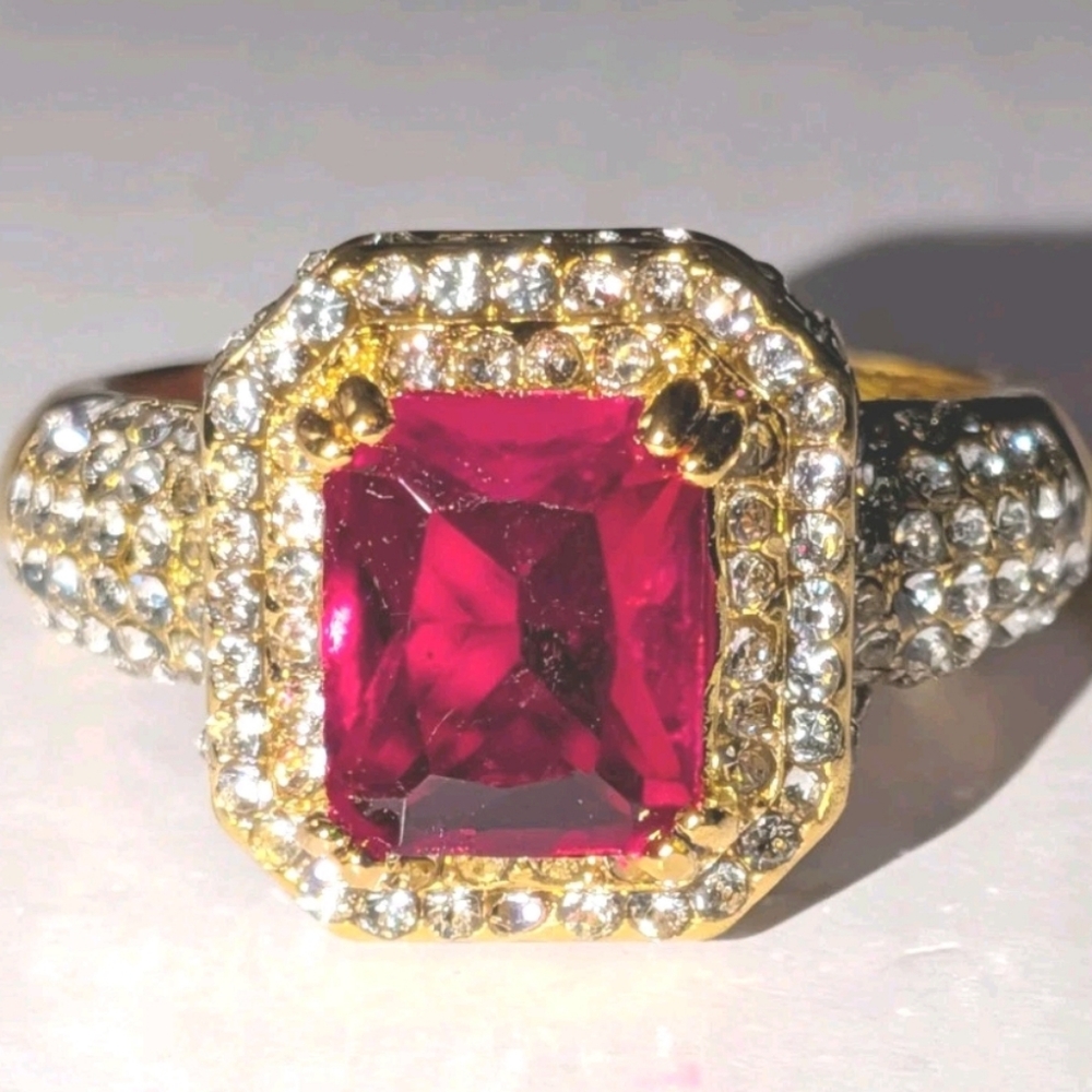 4Ct Unisex Radiant Cut Lab Created Ruby Wedding Ring 18K Gold Plated Sz 12